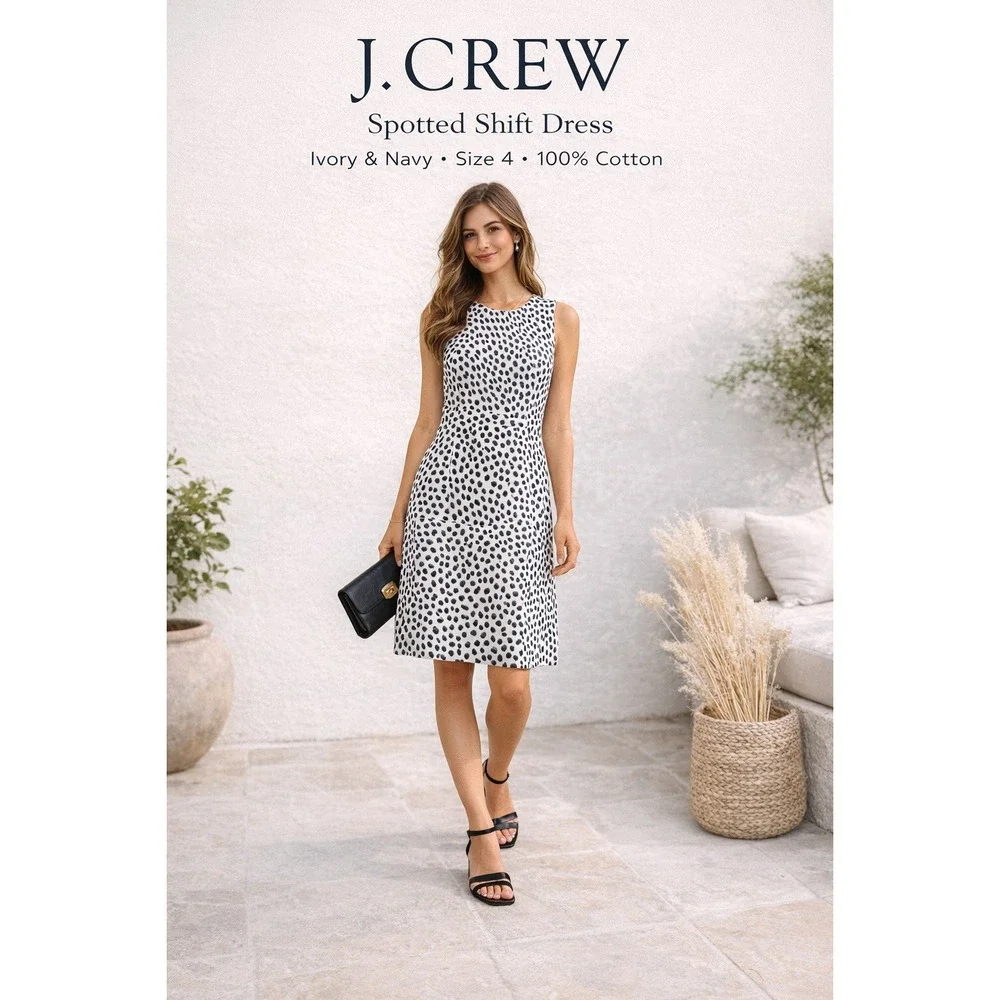 J Crew Textured Size 4 Weave Ink Ivory‎ Spot Dress Preppy Neutral Career Capsule